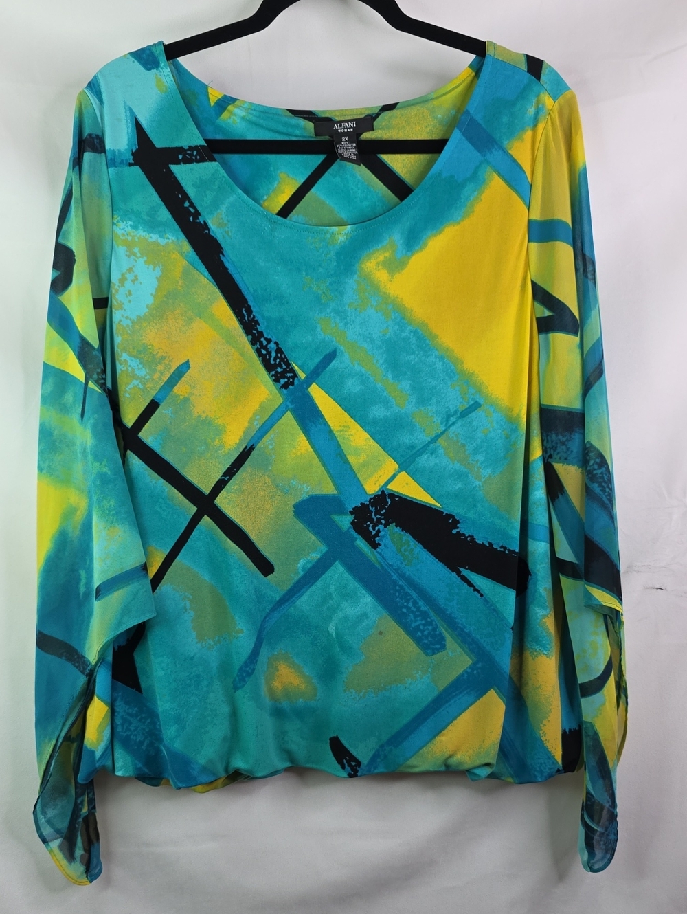 Alfani Plus Size 2X Teal & Yellow Abstract Print Long-Sleeve Blouse Top